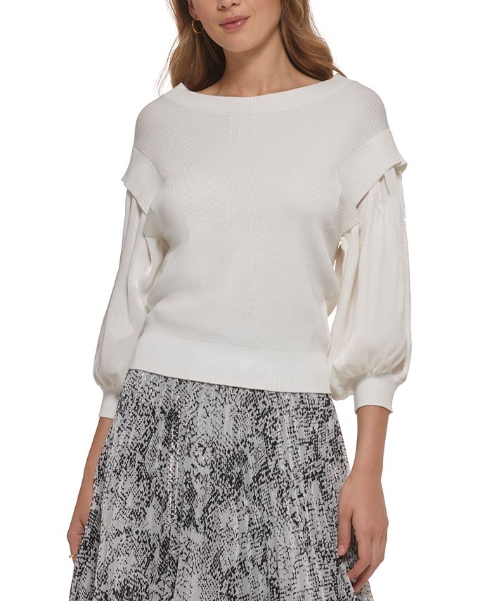 DKNY Women's MixedMedia Blouson 3/4Sleeve Sweater & Reviews
