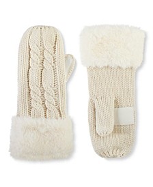 Women's Lined Cable Knit Mitten with Faux Fur Cuff