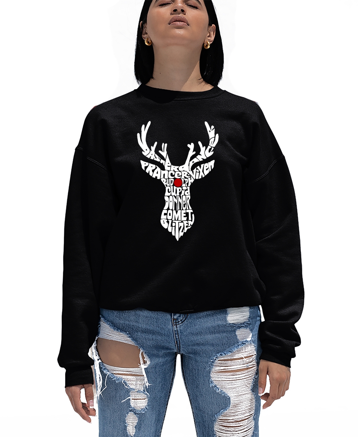 Shop La Pop Art Women's Santa's Reindeer Word Art Crew Neck Sweatshirt In Black