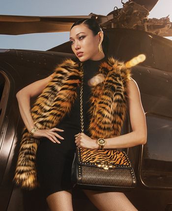 Parker Extra-Large Studded Tiger Print Calf Hair and Logo Shoulder Bag