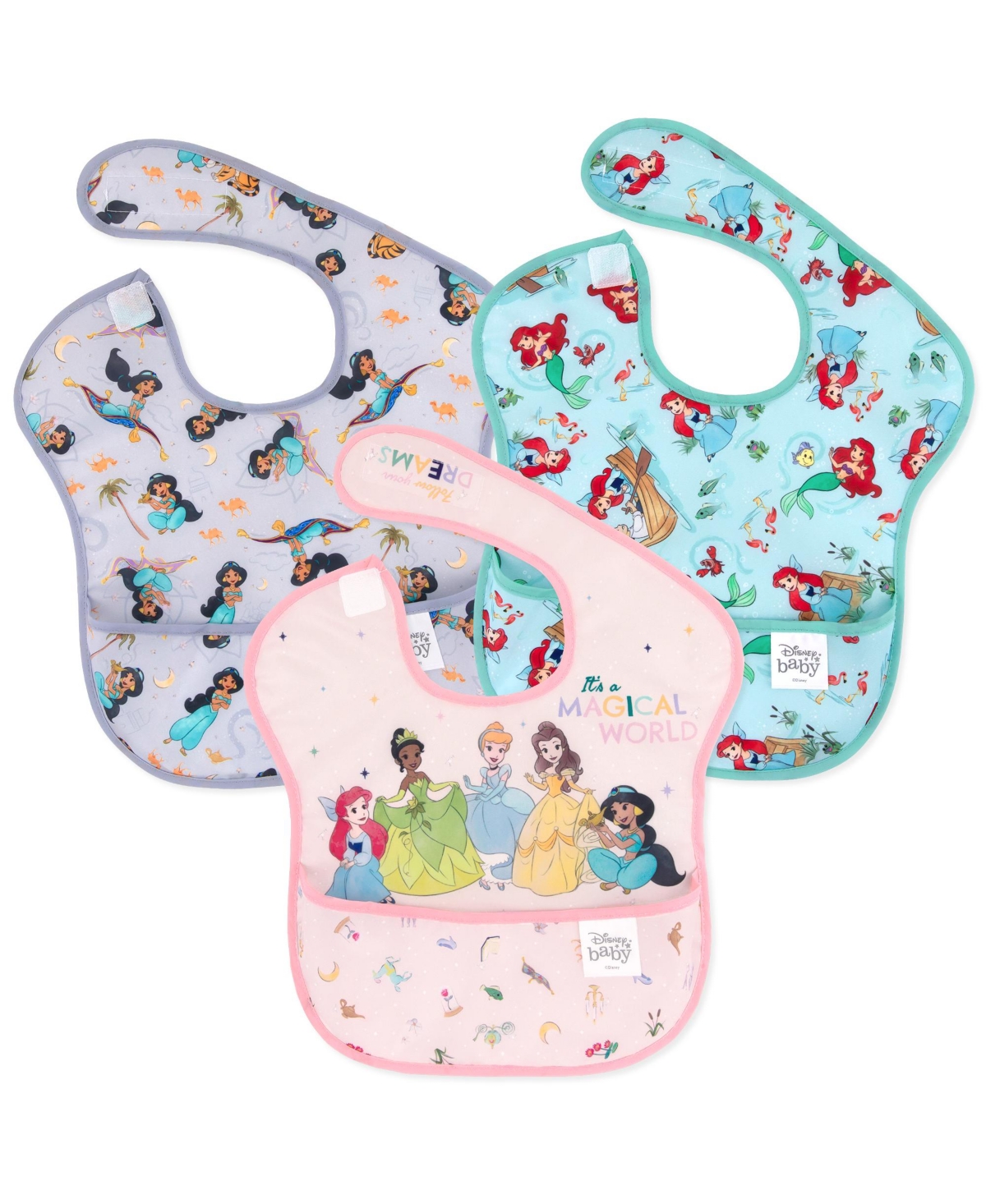 Bumkins 3-pack Superbib Waterproof Baby Bibs In Princess Magical World/ariel/jasmine
