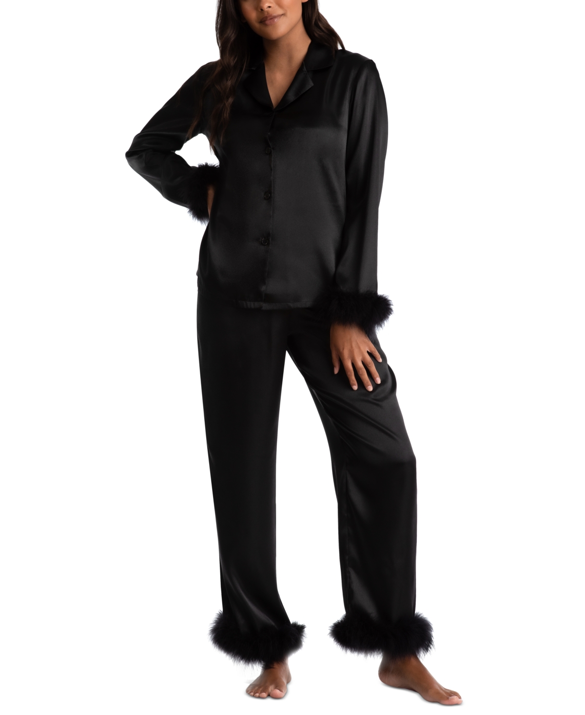 Linea Donatella Women's Marabou Feather Satin Pajama Set In Black