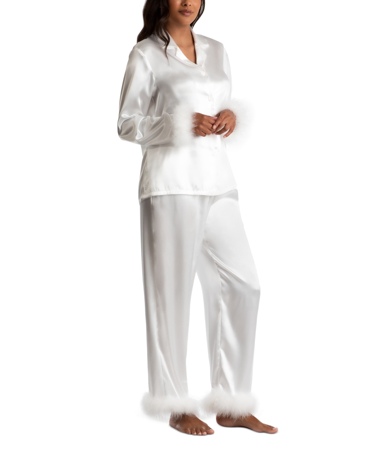 Linea Donatella Women's Marabou Feather Satin Pajama Set In Ivory