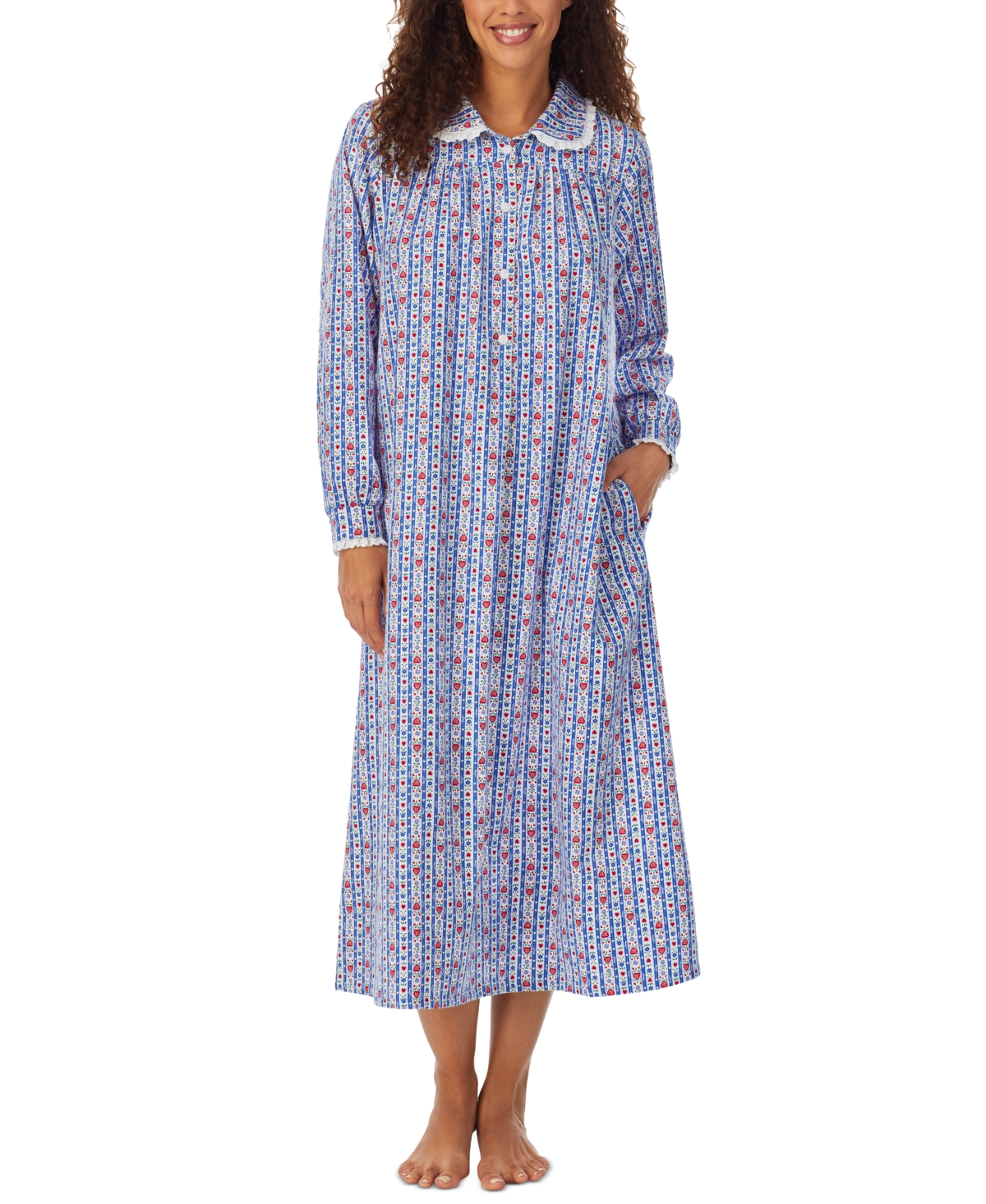 Shop Lanz Of Salzburg Cotton Lace-trim Flannel Nightgown In Bluemulti