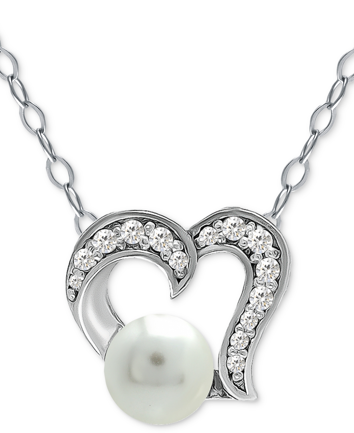 Giani Bernini Freshwater Pearl (5mm) & Cubic Zirconia Open Heart Pendant Necklace, 16" + 2" Extender, Created For In Sterling Silver