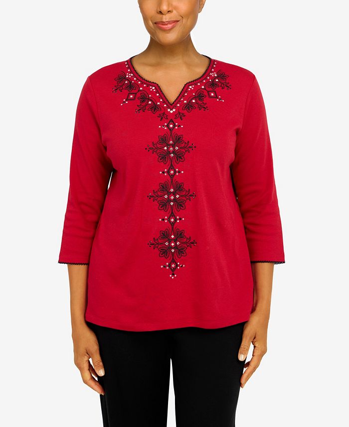 Alfred Dunner Women's Petite Beaded Split Neck 3/4 Sleeve Top - Flowy Blouse With Shirttail Hem - View #13