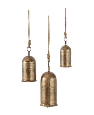 Gold-Tone Metal Bohemian Decorative Cow Bell with Jute Hanging Rope Set 3 Pieces
