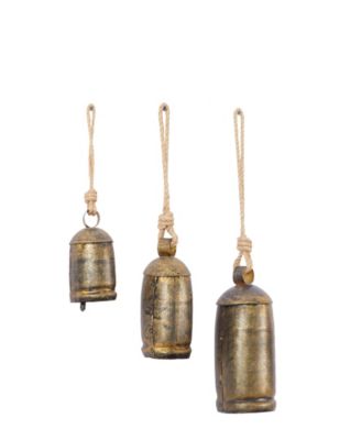 Bronze Metal Rustic Decorative Cow Bell with Jute Hanging Rope Set 3 Pieces