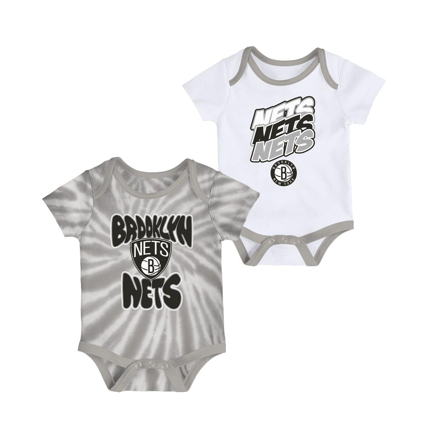 Outerstuff Infant Boys and Girls White, Gray Brooklyn Nets Tie-Dye Two-Pack Bodysuit Set — фото 1