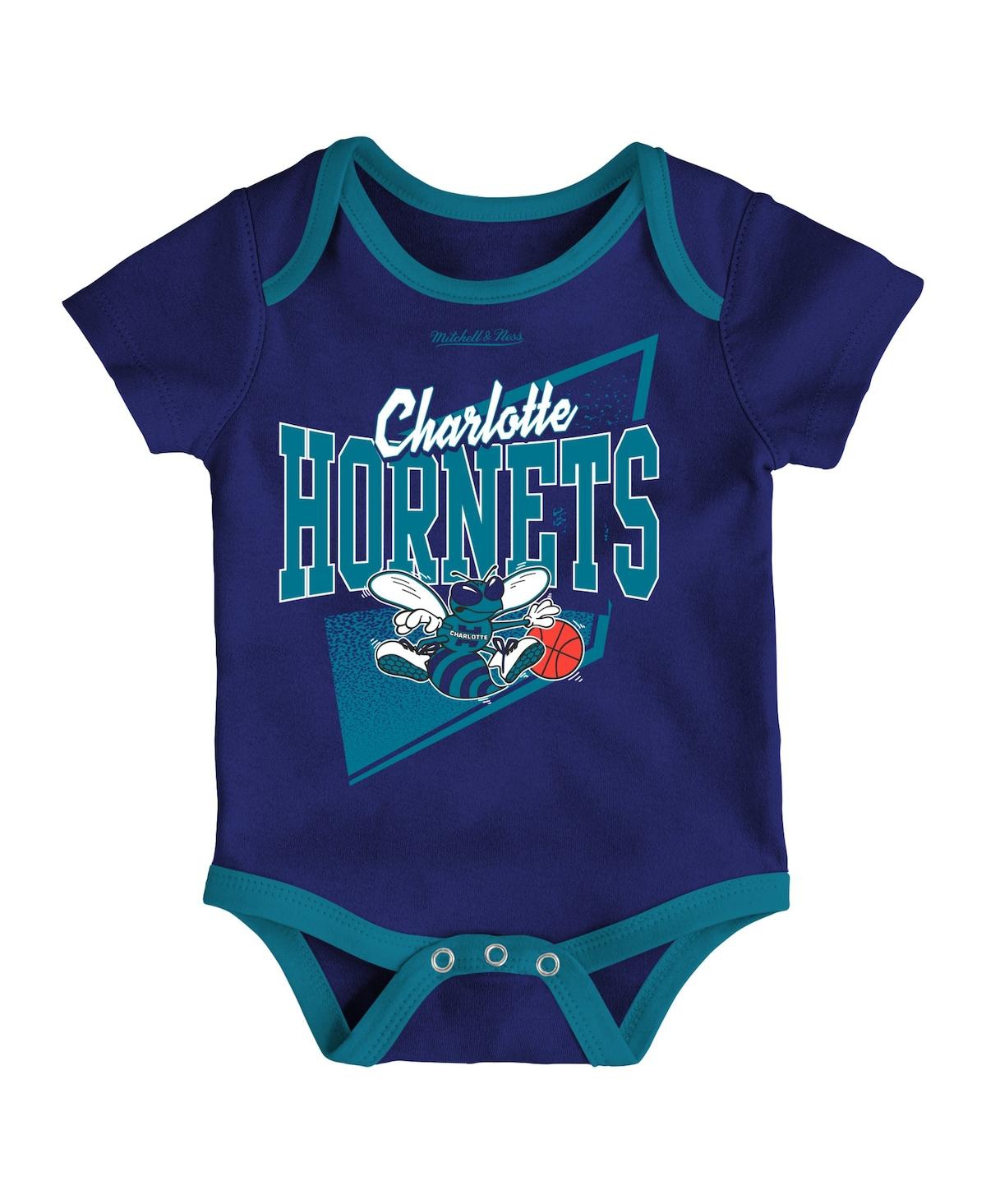 Newborn and Infant Boys and Girls Mitchell & Ness Teal Charlotte Hornets 3-Piece Hardwood Classics Bodysuits and Cuffed Knit Hat Set - Purple