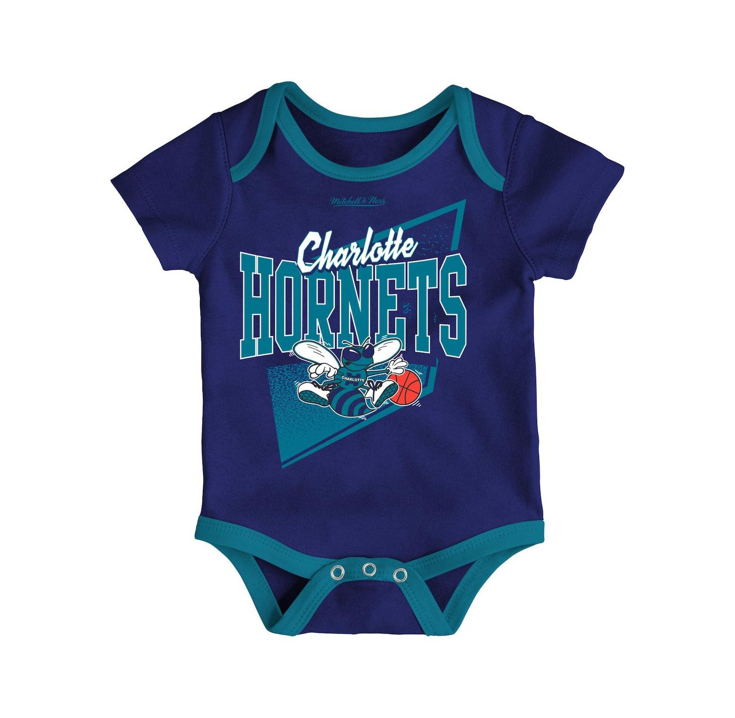 Newborn and Infant Boys and Girls Purple, Teal Charlotte Hornets 3-Piece Hardwood Classics Bodysuits and Cuffed Knit Hat Set