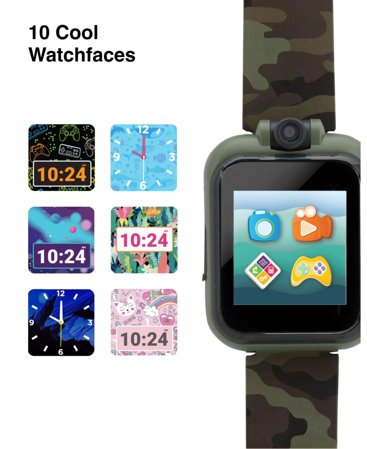 Playzoom Kid'sSilicone Strap Touchscreen Smart Watch with Earbuds Gift Set - Dark Green Camo Prints