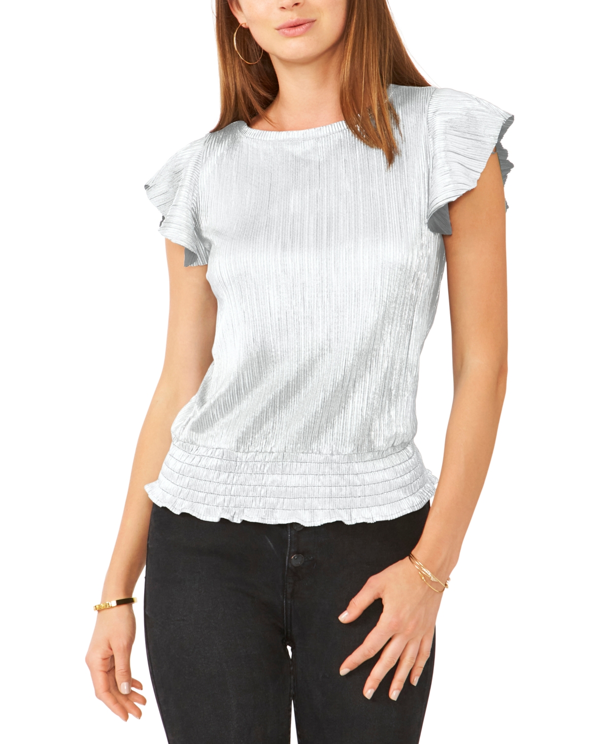 Sam & Jess Petite Metallic Fluttersleeve Smockedhem Top In Silver