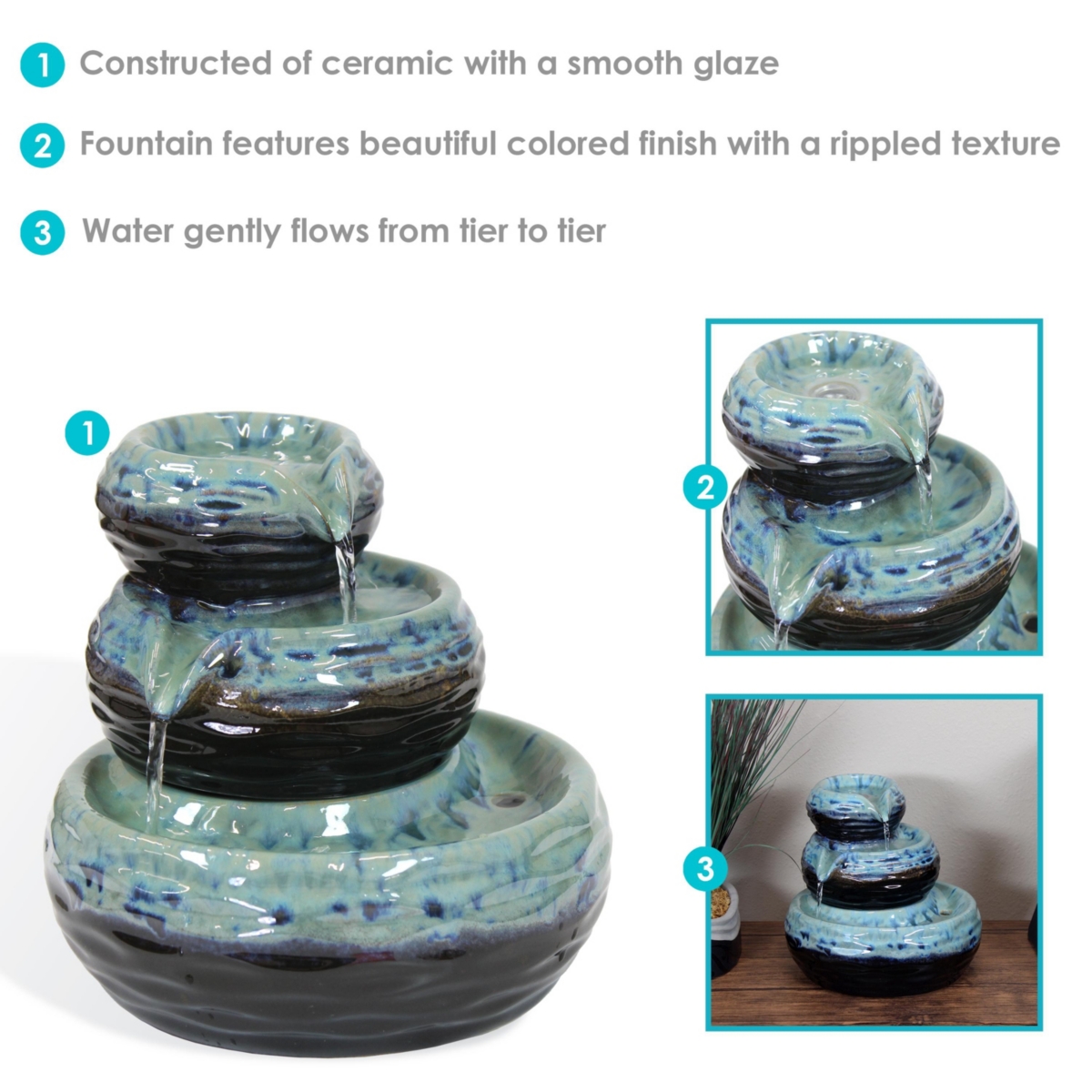 Sunnydaze Decor Modern Textured Bowls Ceramic Indoor 3-Tier Water Fountain -
