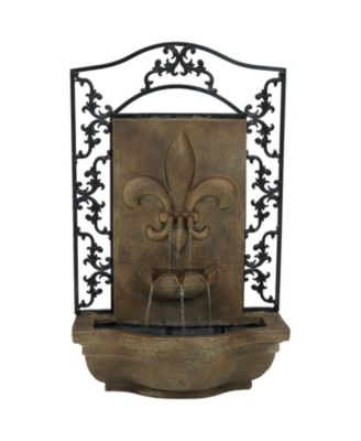 French Lily 33-Inch Solar Outdoor Wall Water Fountain with Battery Backup, Pump and Panel - Florentine Stone