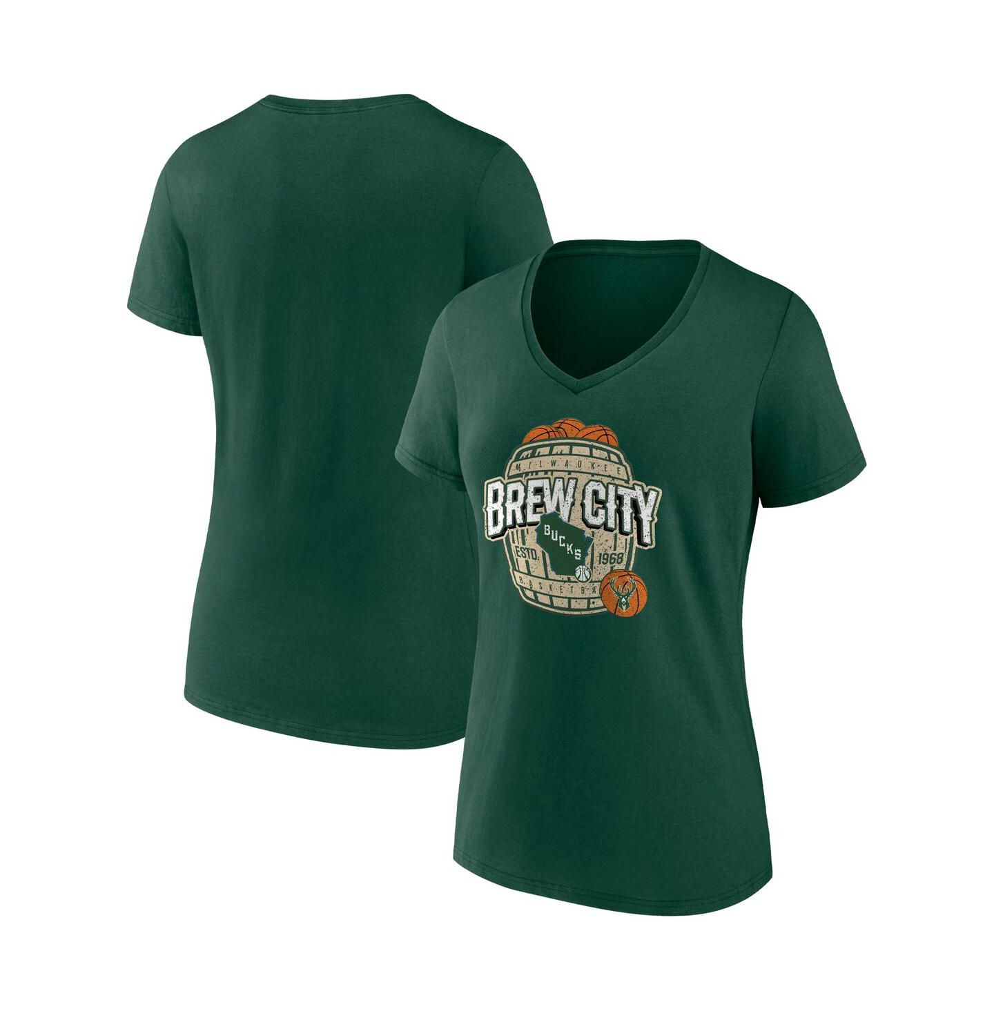 Женская футболка Fanatics Hunter Green Milwaukee Bucks Hometown Collection Brew City V-Neck — фото 1