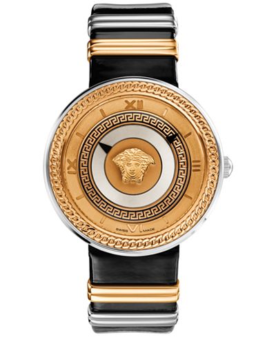 Versace Unisex Swiss V-Metal Two-Tone Accent Black Leather Strap Watch 40mm VLC020014