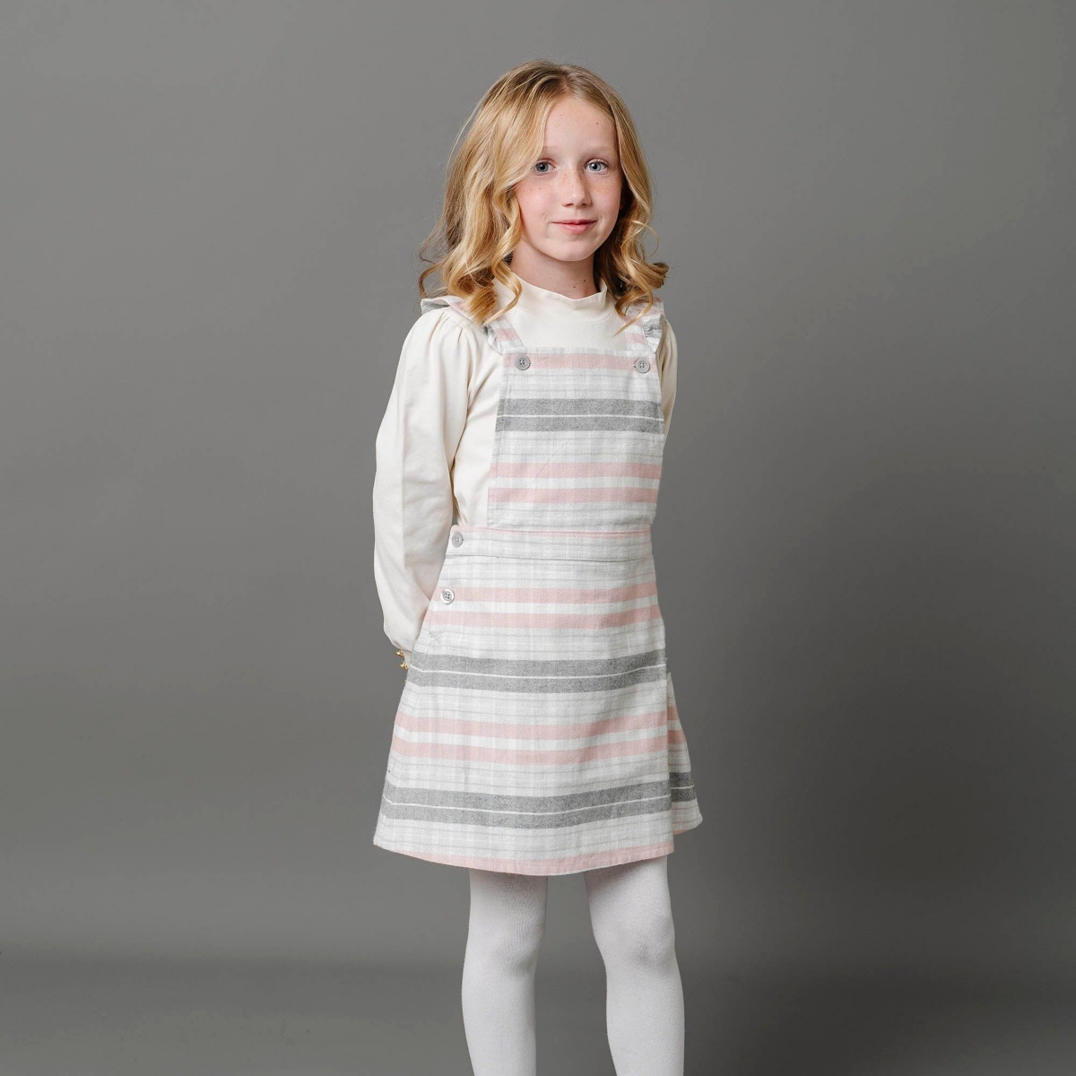 Hope & Henry Little Girls Organic Cotton Sleeveless Ruffle Strap Skirtall - Gray and Rose Plaid