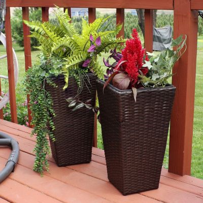 Modern Decorative Standing Square Polyrattan Planter Containers - Brown - 2-Pack