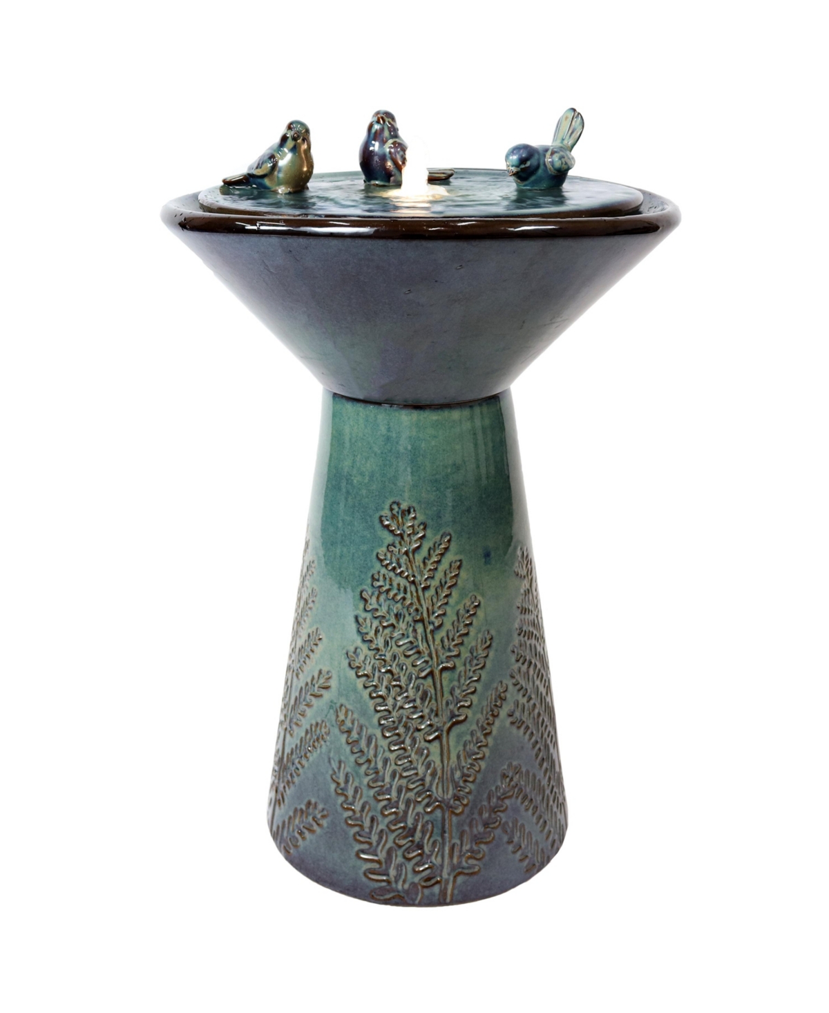 Gathering Birds 28.25-Inch Ceramic Water Fountain with Led Lights - Electric Submersible Pump with Adjustable Flow - Green