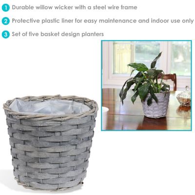 5-Piece Wicker Planter Basket Set - Indoor Use Only - Plastic Lined Flower Pots - Gray Poplar Construction with Steel Wire Frame - 6.75-Inch Diameter