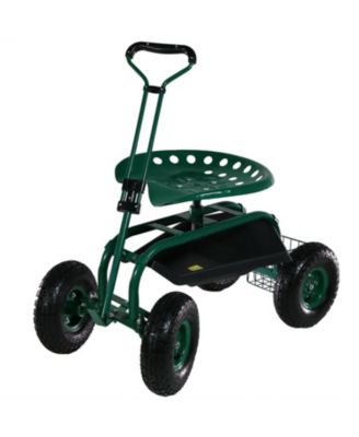 Garden Cart Rolling Scooter with Extendable Steering Handle - Swivel Seat and Utility Basket - Green