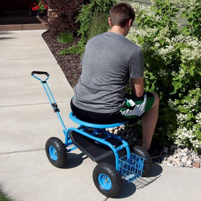 Garden Cart Rolling Scooter with Extendable Steering Handle - Swivel Seat and Utility Basket - Blue