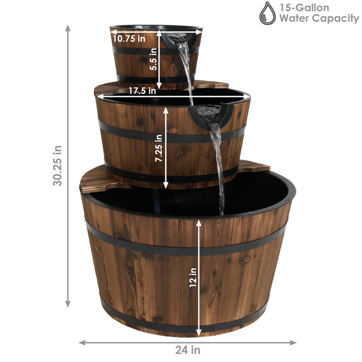 Sunnydaze Decor Rustic 3-Tier Wooden Fir Barrel-Style Water Fountain -