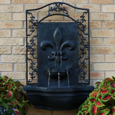 French Lily 33-Inch Polystone Outdoor Solar Wall Fountain - Lead Finish