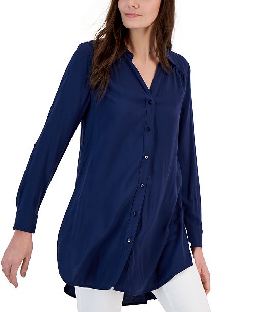 alfani I.N.C. International Concepts Women's Roll-Tab Button-Down Long Blouse Created for Macy's Women's Fashion Shoes & Accessories