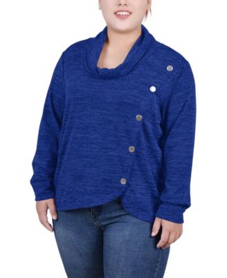 Plus Size Long Sleeve Overlapping Cowl Neck Top