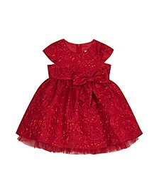 Baby Girls Brocade Cap Sleeve Dress with Glitter Mesh Hem and Side Bow Detail