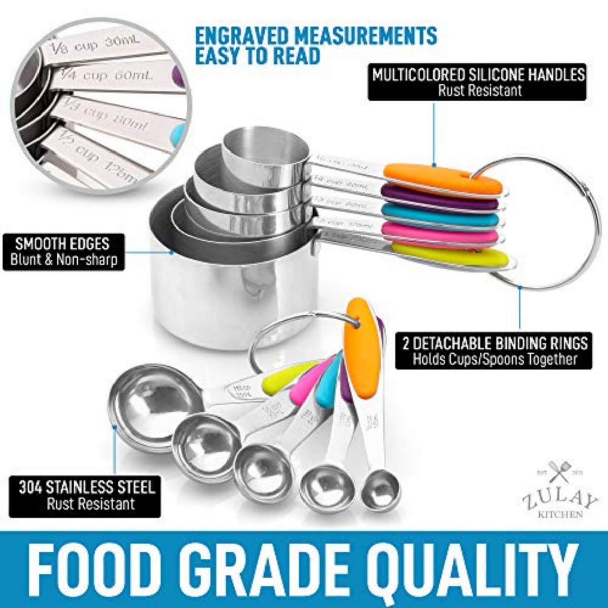 Zulay Kitchen Stackable Measuring Cups and Spoons Set of - Stainless Steel Metal Measuring Spoons and Cups With Silicone Handles