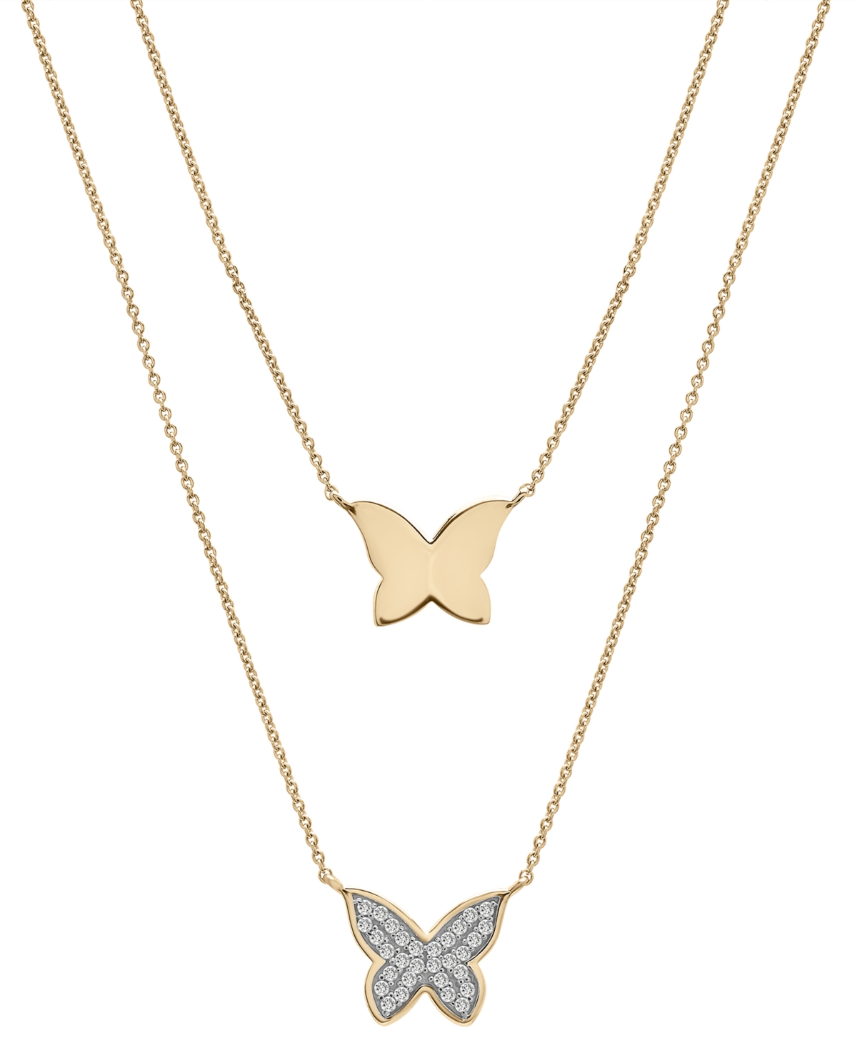 Diamond Pave & Polished Butterfly Layered Pendant Necklace (1/6 ct. t.w.) in 10k Gold, 17" + 1" extender, Created for Macy's - Yellow Gold