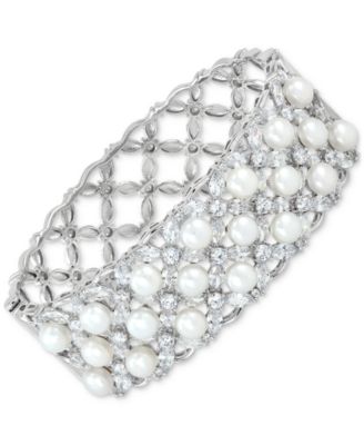 Arabella - Cultured Freshwater Button Pearl (6 - 6-1/2mm) & Cubic Zirconia Lattice Statement Bracelet in Sterling Silver