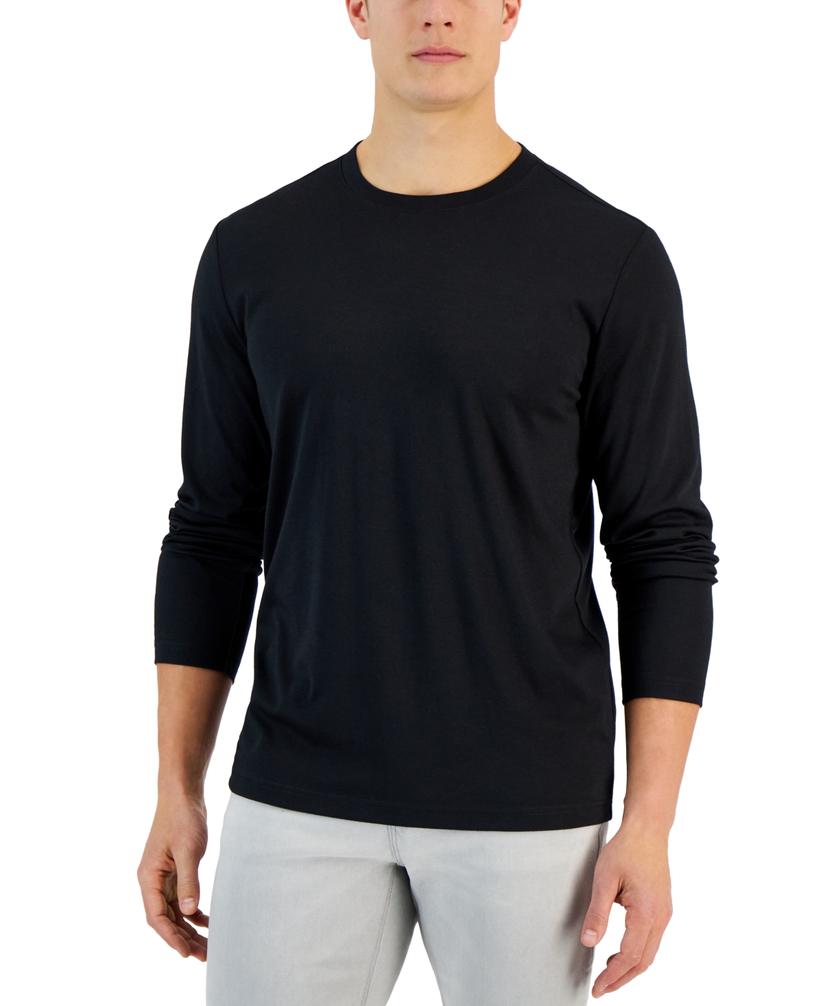 Alfani Alfatech Long Sleeve Crewneck T-shirt, Created For Macy's In Deep Black
