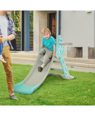 2 in 1 Kids Wide Slide with Rails and Basketball Hoop, Blue