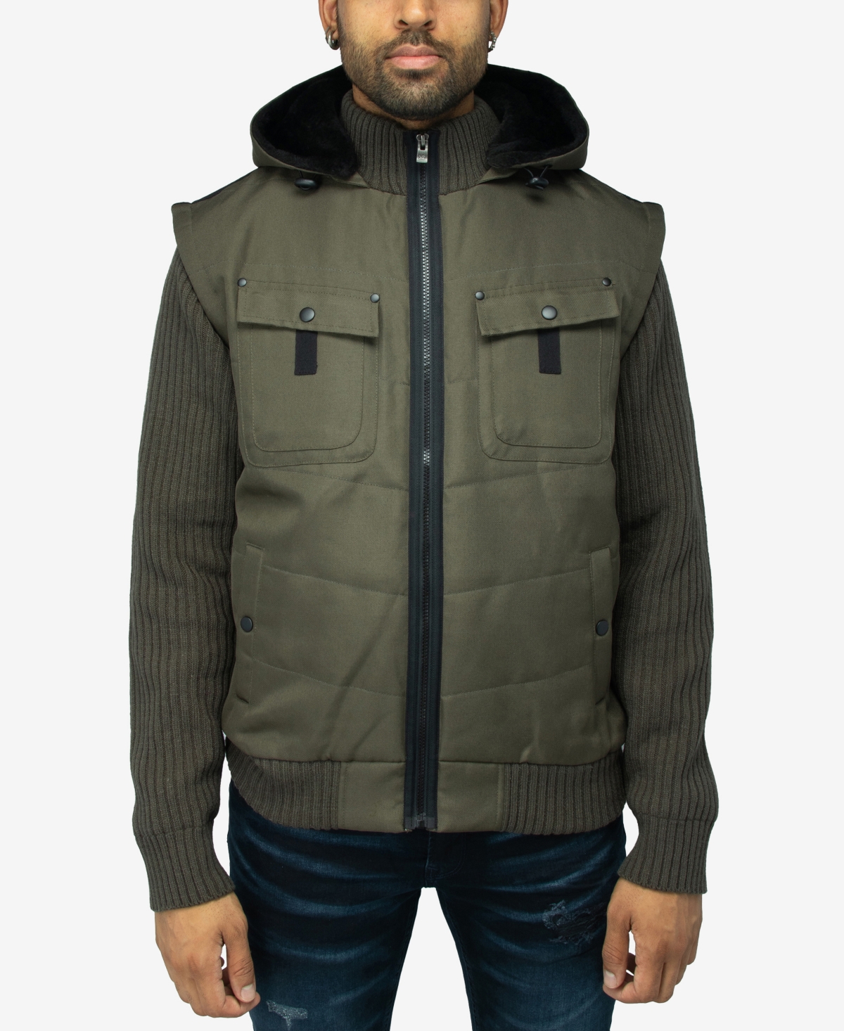 Shop X-ray Men's Canvas Flap Pocket Full Zip Sweater Jacket With Sherpa Hood In Olive