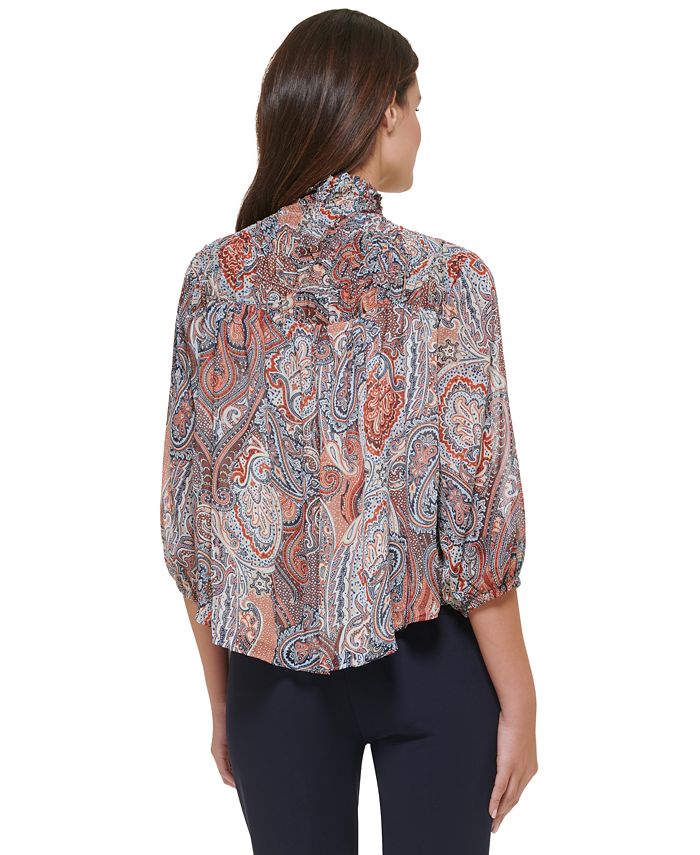 Tommy Hilfiger Women's PaisleyPrint Smocked HighNeck ElbowSleeve