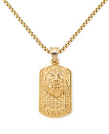Crystal Lion Head & Greek Key Dog Tag 24" Pendant Necklace in Yellow Ion-Plated Stainless Steel