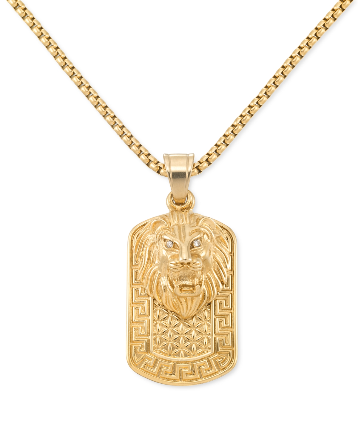 Smith Crystal Lion Head & Greek Key Dog Tag 24" Pendant Necklace in Yellow Ion-Plated Stainless Steel - Gold-Tone