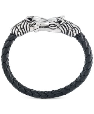 Horse Head Black Leather Braided Bypass Bracelet in Stainless Steel