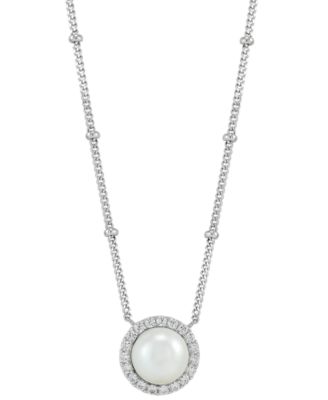 Macy's - Cultured Freshwater Button Pearl (8mm) & Cubic Zirconia Halo Pendant Necklace in Sterling Silver, 16" + 2" extender