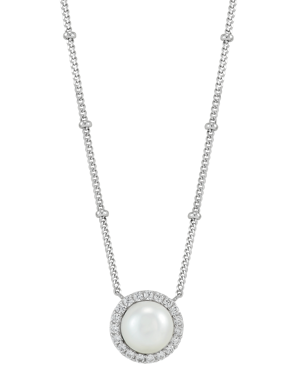 Macy's Cultured Freshwater Button Pearl (8mm) & Cubic Zirconia Halo Pendant Necklace In Sterling Silver, 16