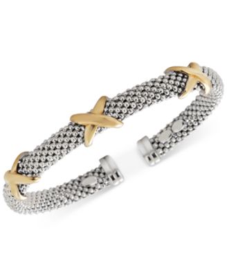 Italian Gold - X-Accent Textured Cuff Bracelet in 14k Gold and Sterling Silver