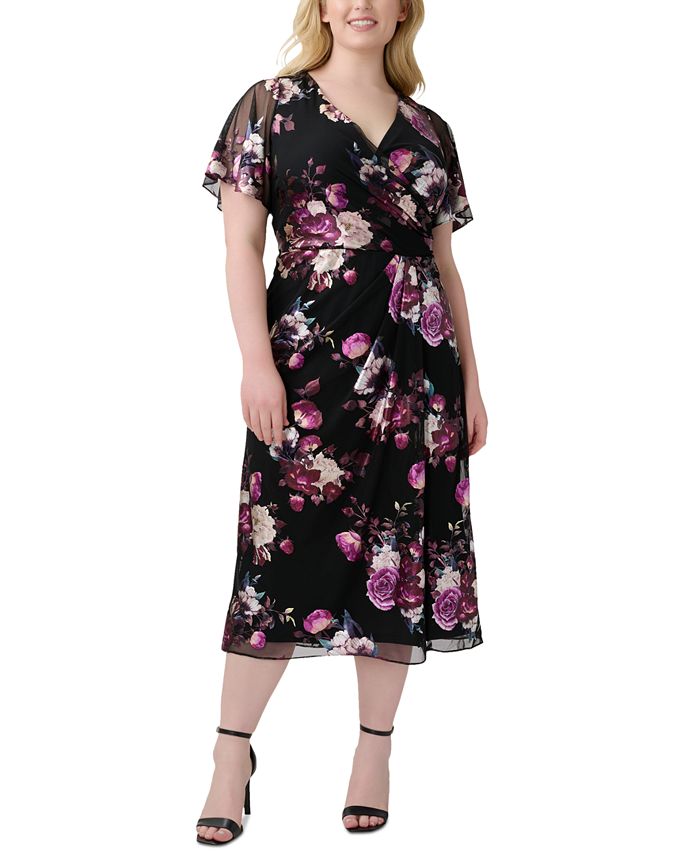Adrianna Papell Plus Size Surplice-Neck Floral-Print Midi Dress - Macy's