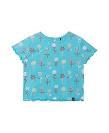 Girl Printed T-Shirt With Back Hole Turquoise Flowers - Child