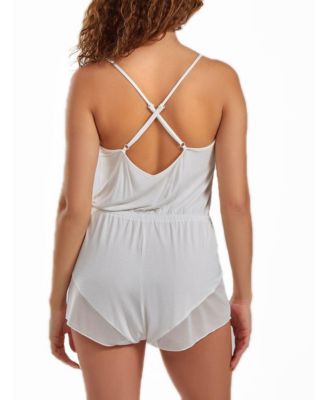 Women's Fallen Lace Ultra Soft Romper Trimmed in Sheer Mesh