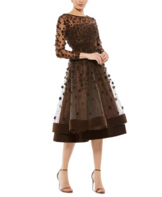 Women's Embellished Illusion High Neck Long Sleeve Fit & Flare Dress