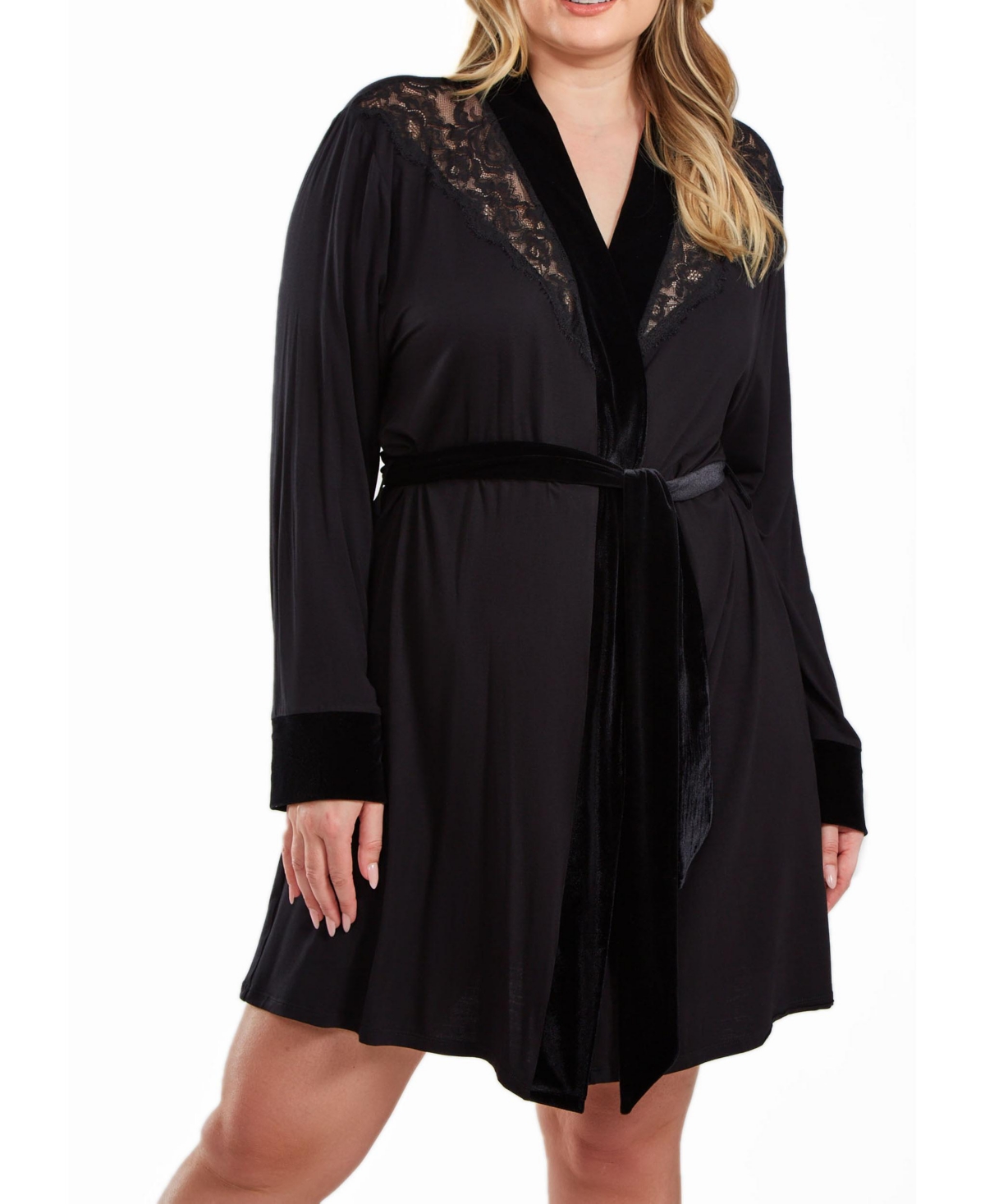 Icollection Layna Plus Size Velore And Velvet Lace Trimmed Self Tie Robe In Black